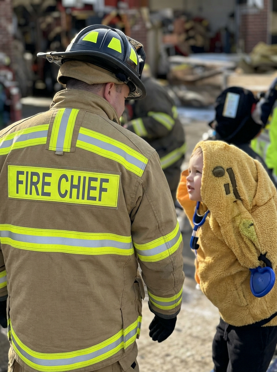 Chief Rose in turnout gear speaking with a young child at a community event