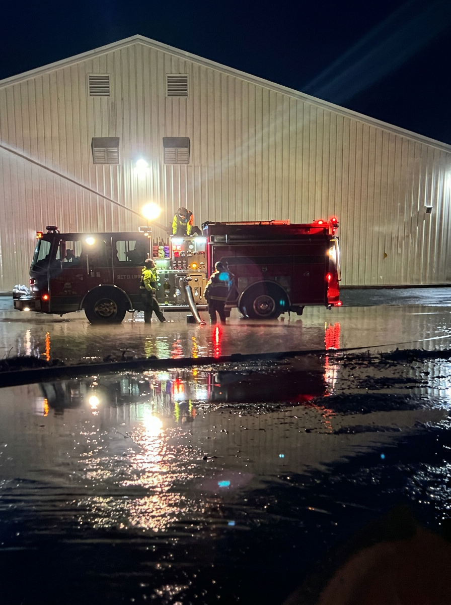 Oak Bluffs firefighters working an apparatus at night