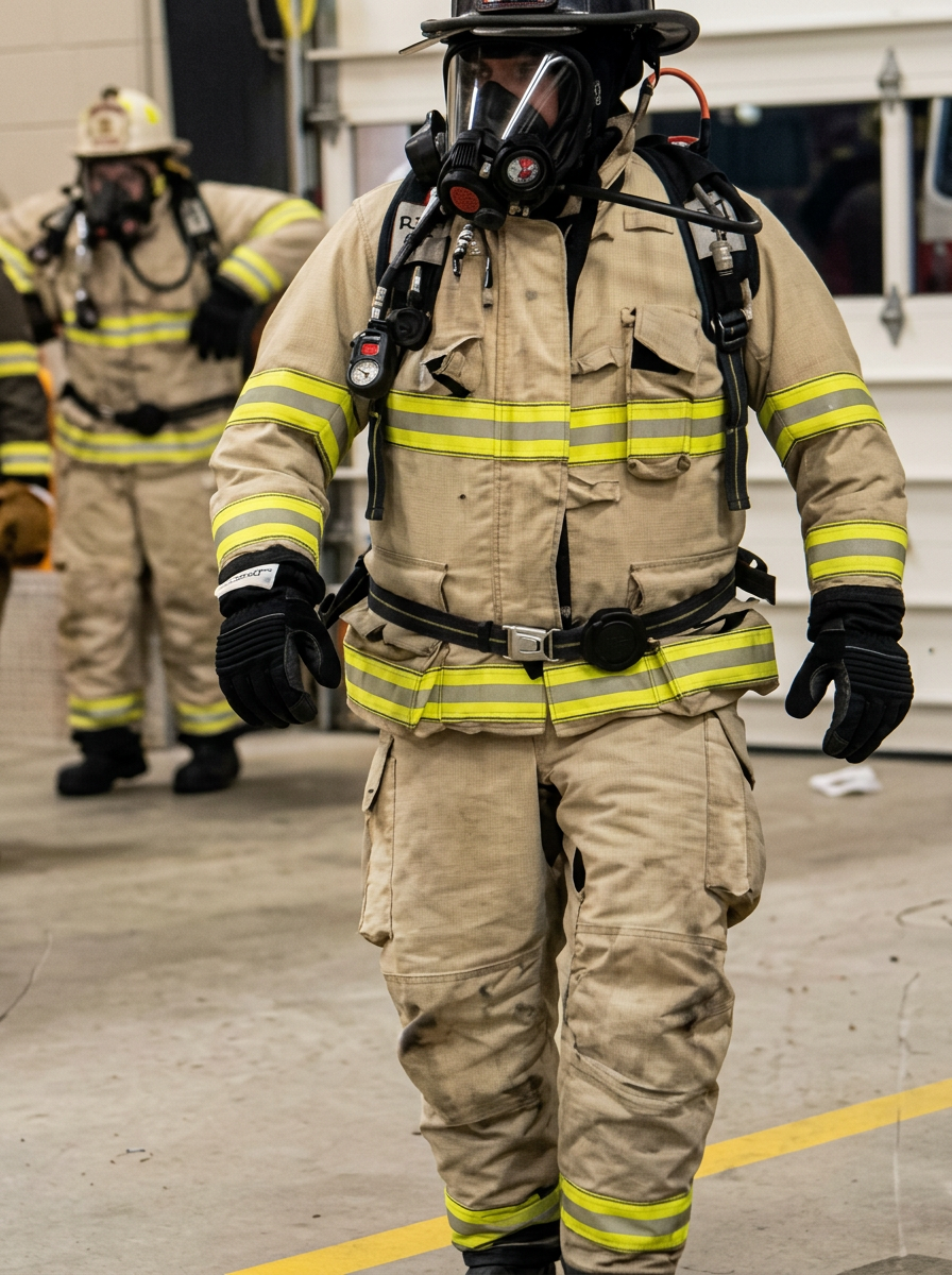 Firefighter in full turnout gear and SCBA inside the station